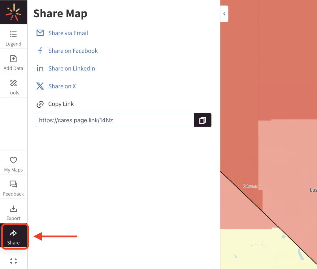 A SparkMap visitor share a link to their map by clicking the "share" button in the left menu then copying their map's shortcode.